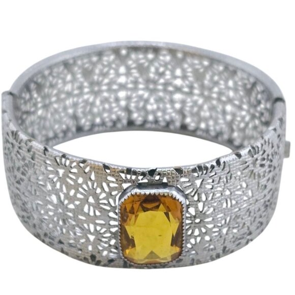 Stunning Edwardian Filigree Wide Bangle with Faceted Glass Bangle Bracelet A8568